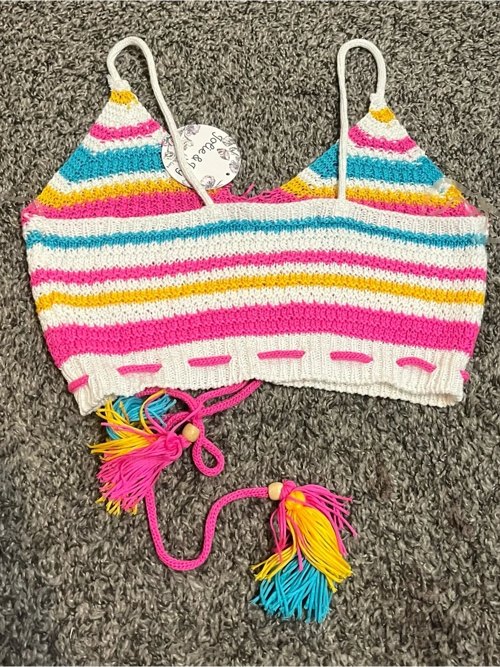 Striped Crochet Tie-Front Crop Top in Pink, White, Yellow & Teal